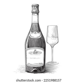 Champagne wine bottle with glass hand drawn engraving sketch Vector illustration.