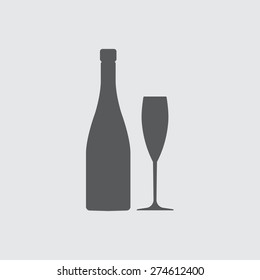Champagne or wine bottle and glass silhouette. Vector icon or sign.