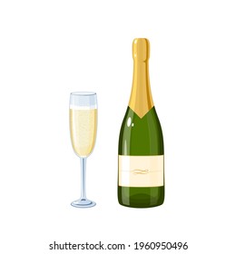 Champagne wine bottle and glass. Vector illustration cartoon flat icon isolated on white background.