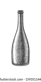 Champagne or wine bottle. Ink sketch isolated on white background. Hand drawn vector illustration. Retro style.