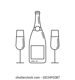 Champagne wine bottle outline icon with two glasses. Line silhouette. New Year, wedding celebration symbol. Vector illustration.