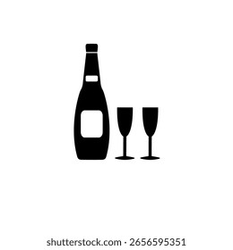 Botella de vino de champán y dos vasos de Vector plano sólido icono aislado sobre fondo blanco.