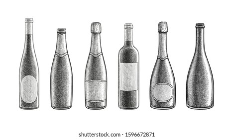 Champagne and wine bottles. Big set. Ink sketch isolated on white background. Hand drawn vector illustration. Retro style.