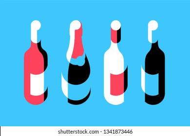 Champagne and wine bottles. Set of items, isolated, blue background. Vector illustration