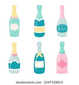 Botellas de champán y vino en colores pastel en estilo plano de dibujos animados lindo