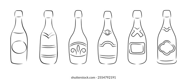 Champagne and wine bottles silhouette set 