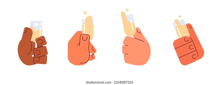 Champagne wine glass holding hands semi flat colorful vector hands set. Champagne flute. Editable pov closeup clip art pack on white. Simple cartoon spot illustrations for web graphic design