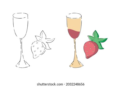 Champagne wine glass symbol, strawberry fruit icon set. Hand drawn sketch ink brush stroke line, cute flat cartoon style, colored illustration for web card, flyer, invitation. White background. Vector