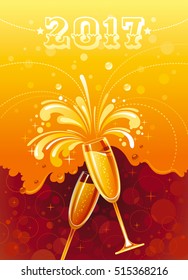 Champagne wine glass vector illustration, Happy 2017 New Year, Merry Christmas yellow golden holiday splash. Party poster design element. Xmas abstract template, night background.