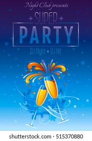 Champagne wine glass vector illustration, Party poster design element. New year eve, party invitation, greeting card for holidays. Abstract template, blue night background.