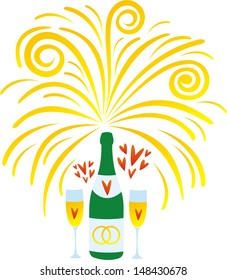 Champagne wine glasses heart love wedding vector illustration