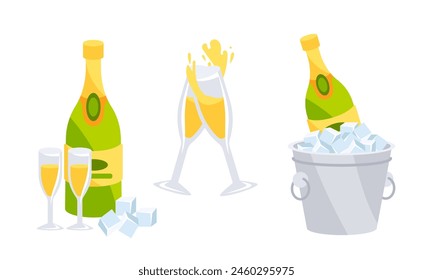 Champagne wine and glasses ice bucket collection. Champagne bottle. Alcoholic drink for celebration new year.