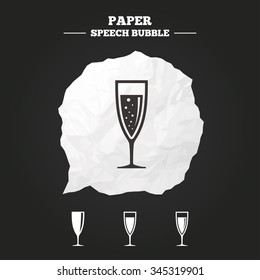 Champagne wine glasses icons. Alcohol drinks sign symbols. Sparkling wine with bubbles. Paper speech bubble with icon.