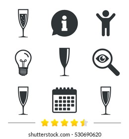 Champagne wine glasses icons. Alcohol drinks sign symbols. Sparkling wine with bubbles. Information, light bulb and calendar icons. Investigate magnifier. Vector