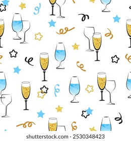 Champagne and wine glasses seamless pattern. Celebration vector background