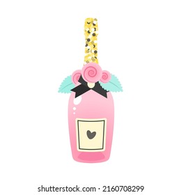 Champagne Wine Icon. Cartoon Illustration Of A Beautiful Pink Bottle Decorated With Flowers Isolated On A White Background. Bridal Shower Concept. Vector 10 EPS.