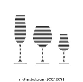 Champagne, wine and liquor glass in minimalist linear style. Vector silhouette of glassware performed in the form of black thin lines. Three alcohol objects in a row. Isolated image on white backdrop.