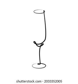 Champagne wineglass on white background. Graphic arts sketch design. Black one line drawing style. Hand drawn image. Alcohol drink concept for restaurant, cafe, party. Freehand drawing style. Vector.