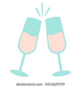 Champagne Wineglasses flat style. Cheers, clink of glasses, toast. Retro Cartoon Illustration. Perfect For Poster, Card, Invitation, Tshirt Print, Playroom Wall Hanging Or Valentines Day Greeting Card