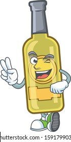 Champagne yellow bottle cartoon mascot style with two fingers