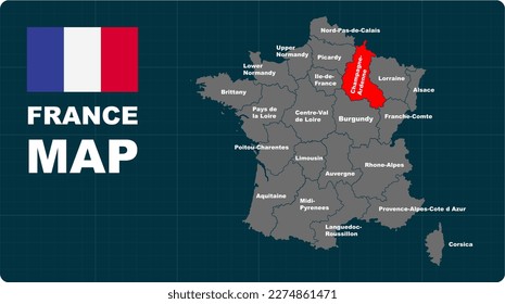 Champagne-Ardenne Map, Champagne-Ardenne red highlighted in 🇫🇷 FANCE 🇫🇷 map, flat design illustration vector