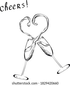 Champagne's glasses,heart Outline hand drawn vector isolated design elements on white background. Concept for logo, menu, cards 