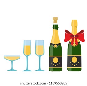 Champagnes party elements. Champagne bottle explosion and glasses with sparkling wine isolated on white background