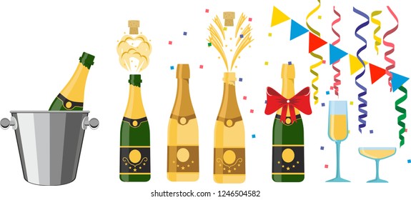 Champagnes party elements. Champagne bottle explosion, serpentine ribbons, confetti and glasses with sparkling wine isolated on white background