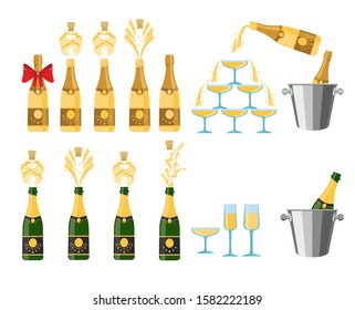Champagnes party elements. Champagne bottle explosion nd glasses with sparkling wine isolated on white background