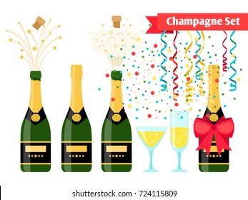Champagnes party elements. Champagne bottle explosion, serpentine ribbons, confetti and glasses with sparkling wine isolated on white background