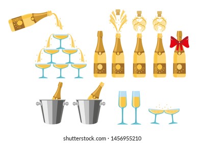 Champagnes party elements. Several bottles of champagne being opened, vector illustration