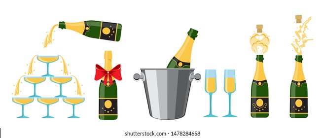 Champagnes party elements. Several bottles of champagne being opened, vector illustration. Champagne in a bucket with ice.
