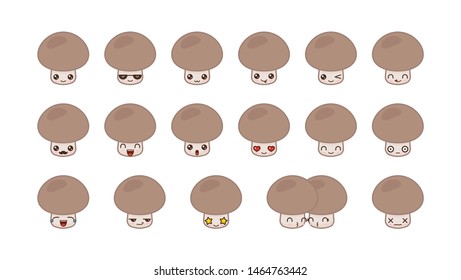 Champignon cute kawaii mascot. Set kawaii food faces expressions smile emoticons. 