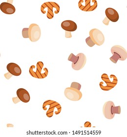 Champignon, Edible Mushroom Vector Seamless Pattern Flat Illustration