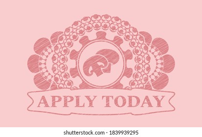 champignon icon and Apply Today text Pink stroke realistic badge. Rose color fashionable background. Vector illustration. 