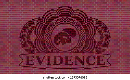 champignon icon and Evidence text red brick stone wall realistic badge. Tiles delicate background. Vector illustration. 