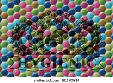 champignon icon and Hygienic text Colorful realistic badge. Hexagon exquisite background. Vector illustration. 