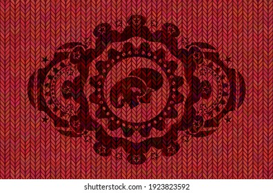 champignon icon inside Red woolen fabric emblem. Cloth luxurious background. Vector illustration. 