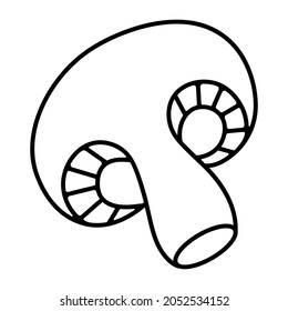 Champignon. The mushroom is cut in half. Sketch. Vector illustration. Coloring book for children. Edible ingredient with a leg and a cap. Preparing the mushroom for grilling. Doodle style.