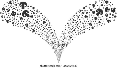 Champignon mushroom double fireworks fountain. Champignon mushroom fireworks double fountain. Object fountain is made from random champignon mushroom symbols as fireworks.