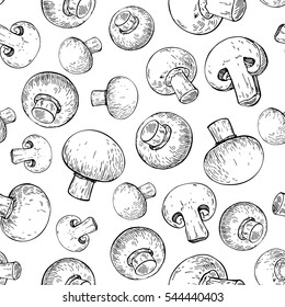 Champignon mushroom hand drawn vector seamless pattern. Sketch food drawing isolated on white background. Organic vegetarian product. Great  for menu, label,  packaging, recipe