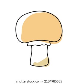 Champignon mushroom. Isolated on white background. Edible  mushroom. Line art with splashes of color added. Pastel colors. Vector.