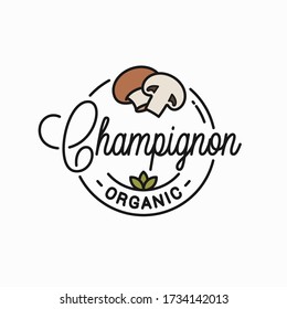 Champignon mushroom logo. Round linear logo of sliced champignon on white background