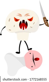 champignon mushroom Monster cartoon character with sharp fangs and evil eyes holds a sharp knife in his hand under his foot the head of a frightened cook halloween concept and mysticism object on a wh