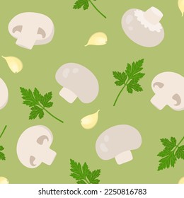 Champignon mushroom pattern. Flat style. Vector illustration 