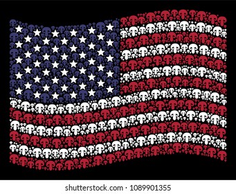 Champignon mushroom pictograms are combined into waving United States flag abstraction on a dark background. Vector composition of USA state flag is done from champignon mushroom items.