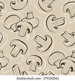 Champignon mushroom vector background, hand drawn food pattern, mushroom soup