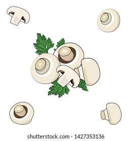 Champignon mushroom vector illustration set. Food drawing isolated on white background. Organic vegetarian product. Great for menu, label, product packaging, recipe