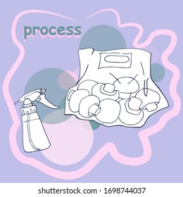 champignon mushrooms in a bag and a sprayer for processing