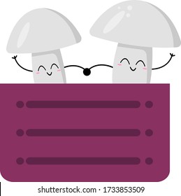 Champignon mushrooms cartoon characters are sitting in the food box they are holding hands and objects are smiling cute on a white background ingredients for cooking.